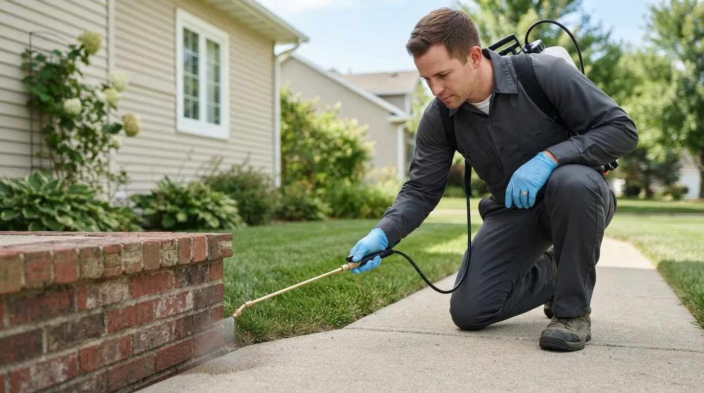 Pest control technician treating a home near Montgomery Village, MD